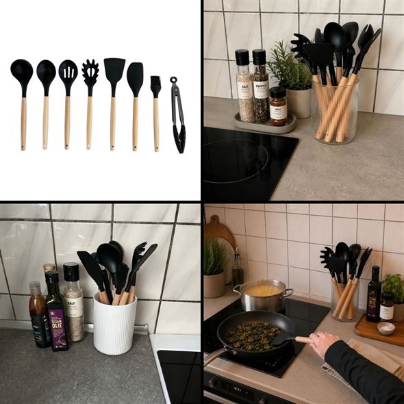 Køkkenredskaber i silikone og træ – 8 dele🧑‍🍳
